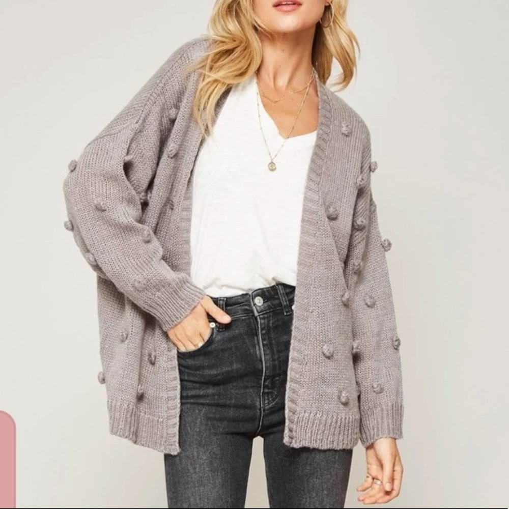 Promesa Gray 3D Pom Pom Polka Dot Gray Cardigan